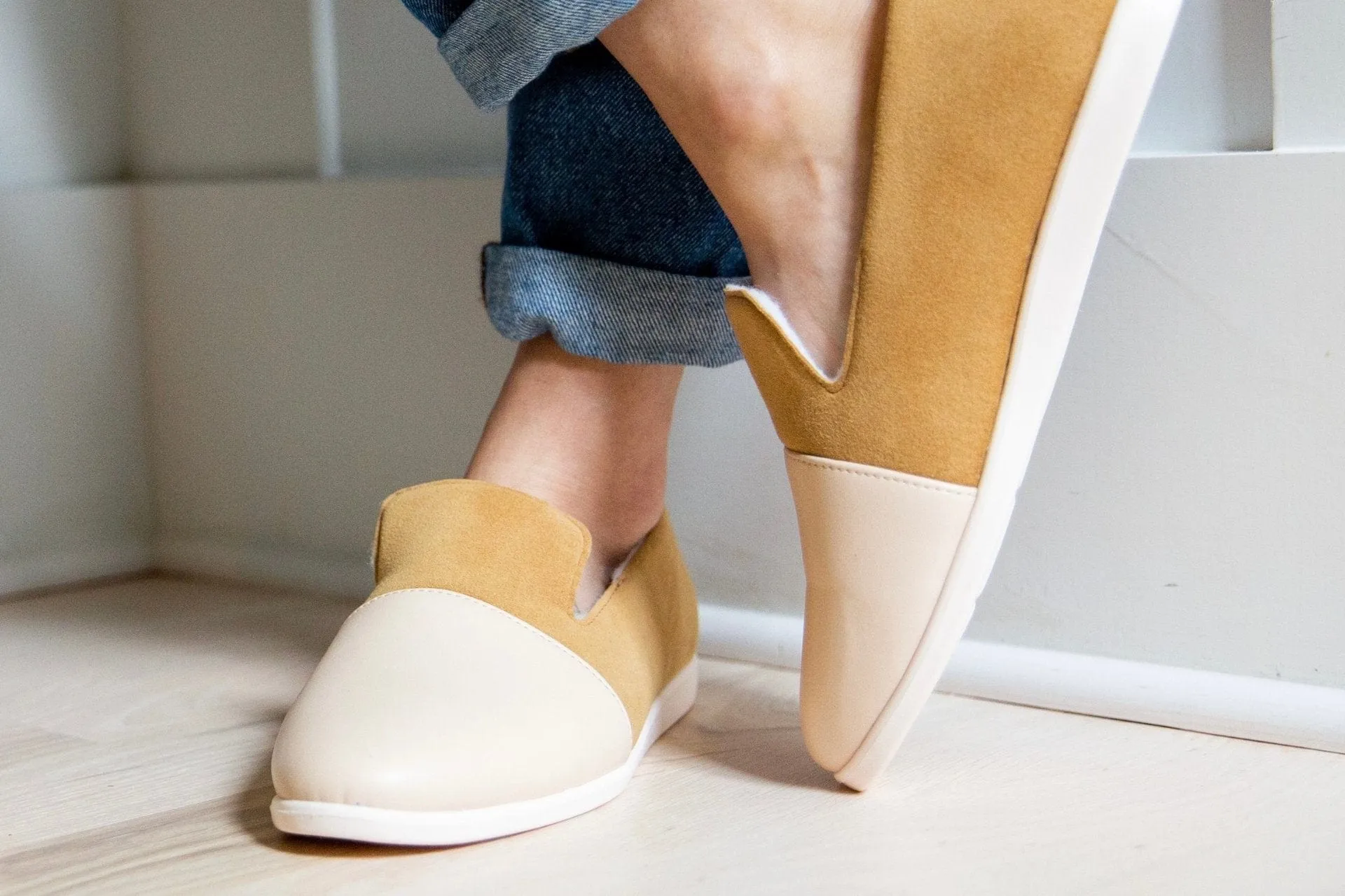 Mocassins Maison en Cuir Pomme & Suédine Végane | Rose Poudré & Cannelle