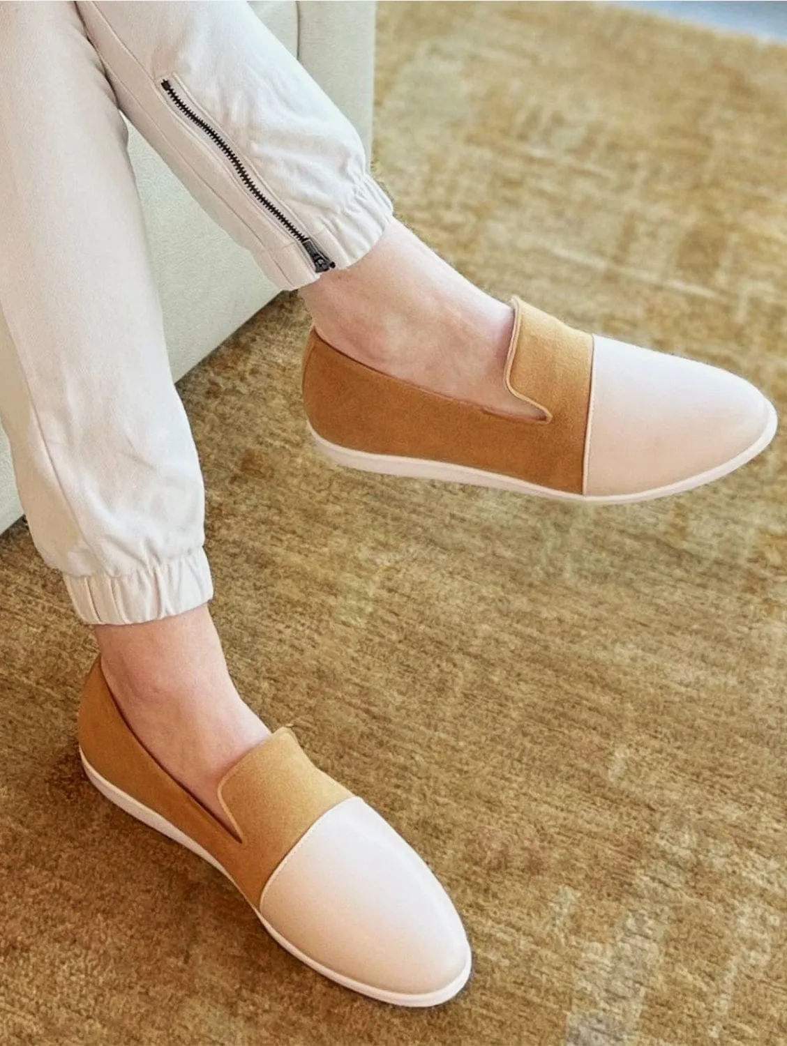 Mocassins Maison en Cuir Pomme & Suédine Végane | Rose Poudré & Cannelle