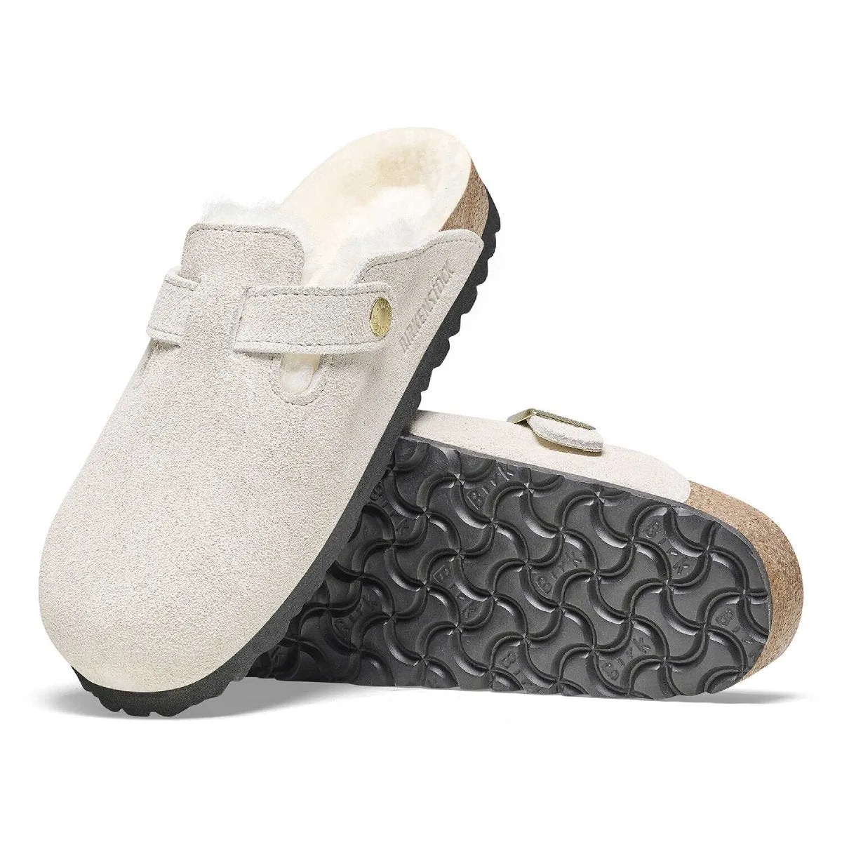 Birkenstock Femme Boston Doublure en Mouton Suédé Blanc Antique