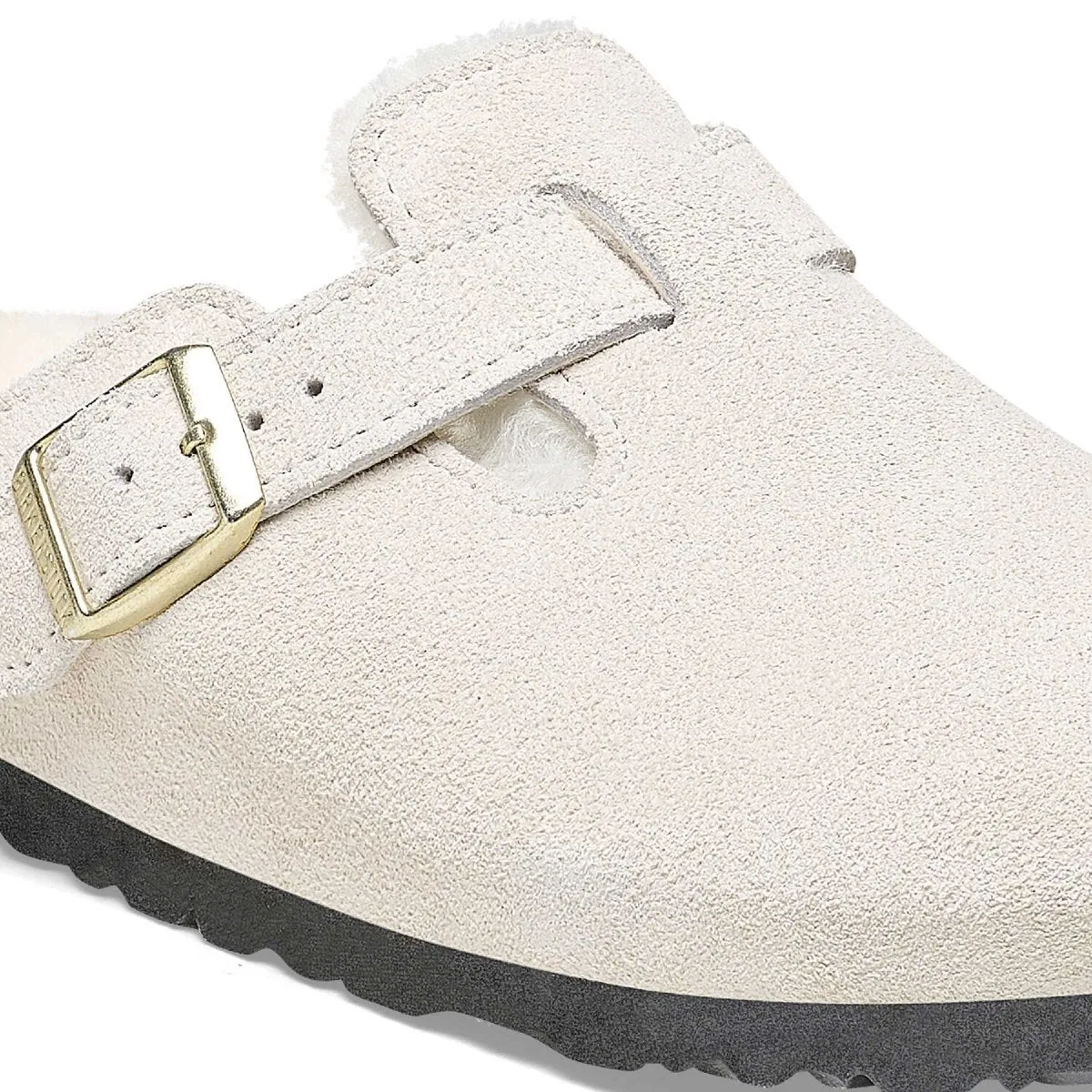 Birkenstock Femme Boston Doublure en Mouton Suédé Blanc Antique