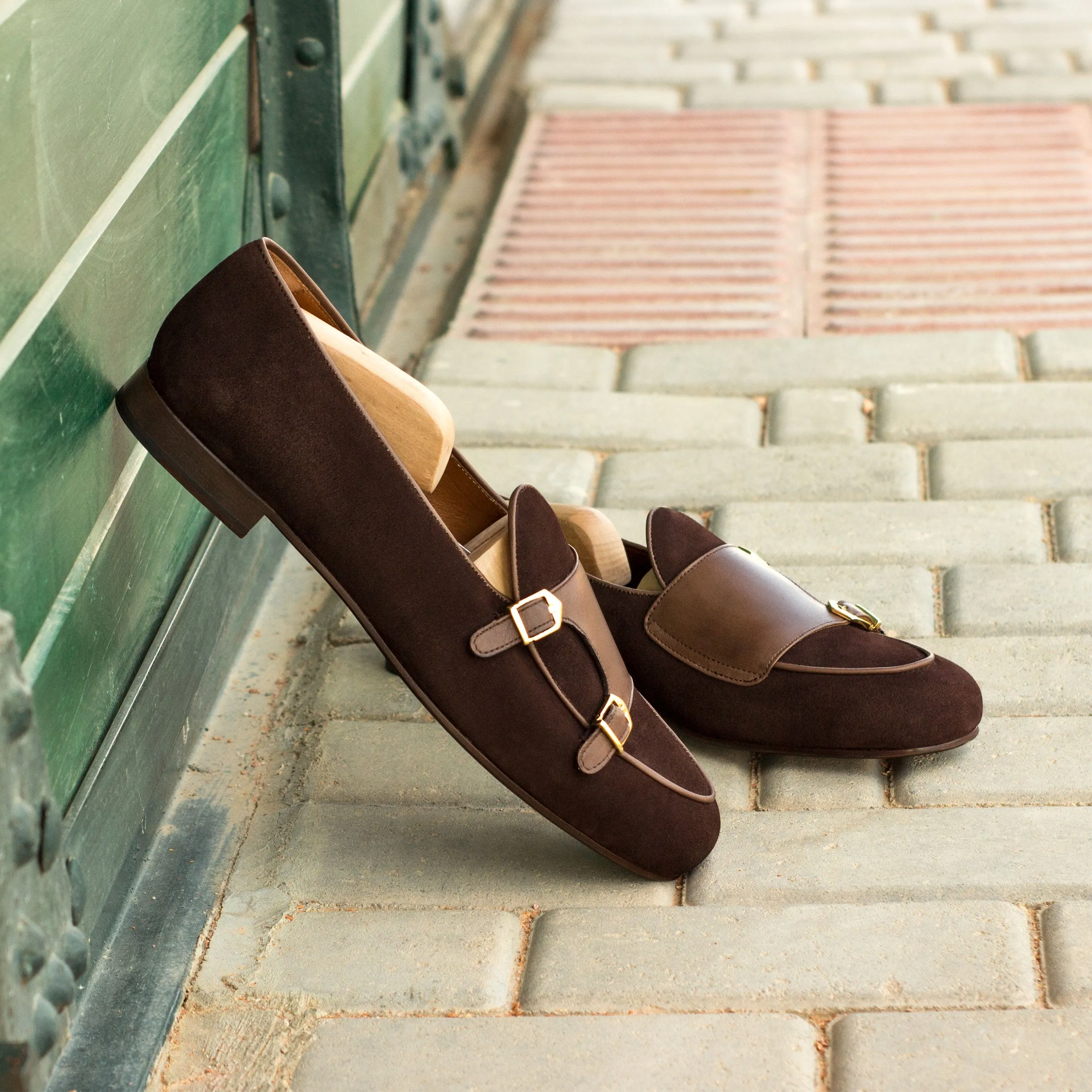 Chaussures Dapperfam DapperFam Rialto en Marron / Brun Foncé Mocassin Moine en Suède et Cuir Italien pour Homme