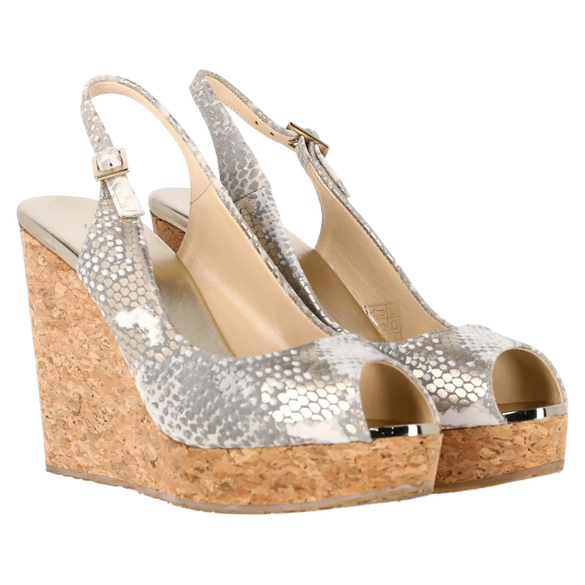 Jimmy Choo Escarpins à bouts ouverts en métal champagne et imprimé serpent