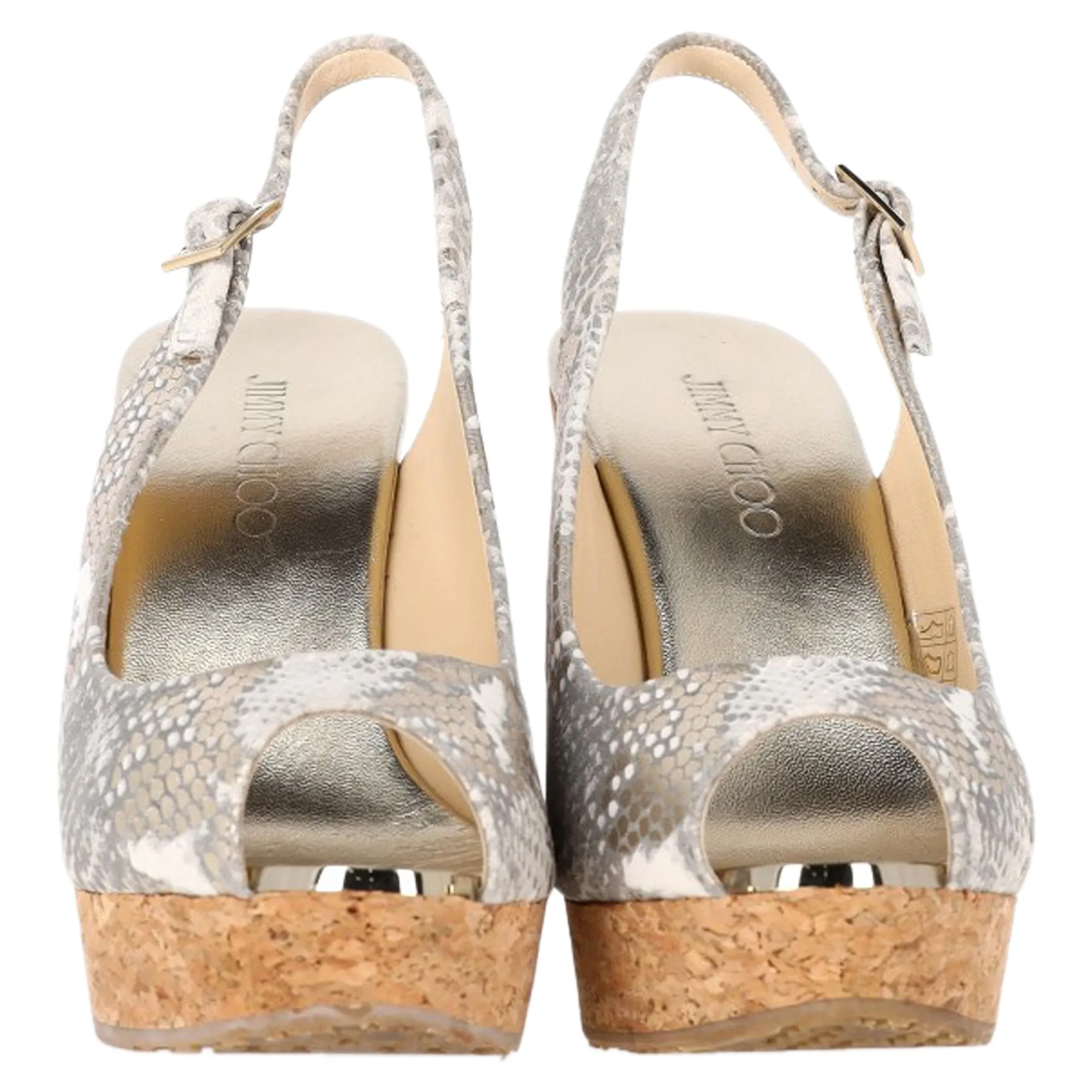 Jimmy Choo Escarpins à bouts ouverts en métal champagne et imprimé serpent