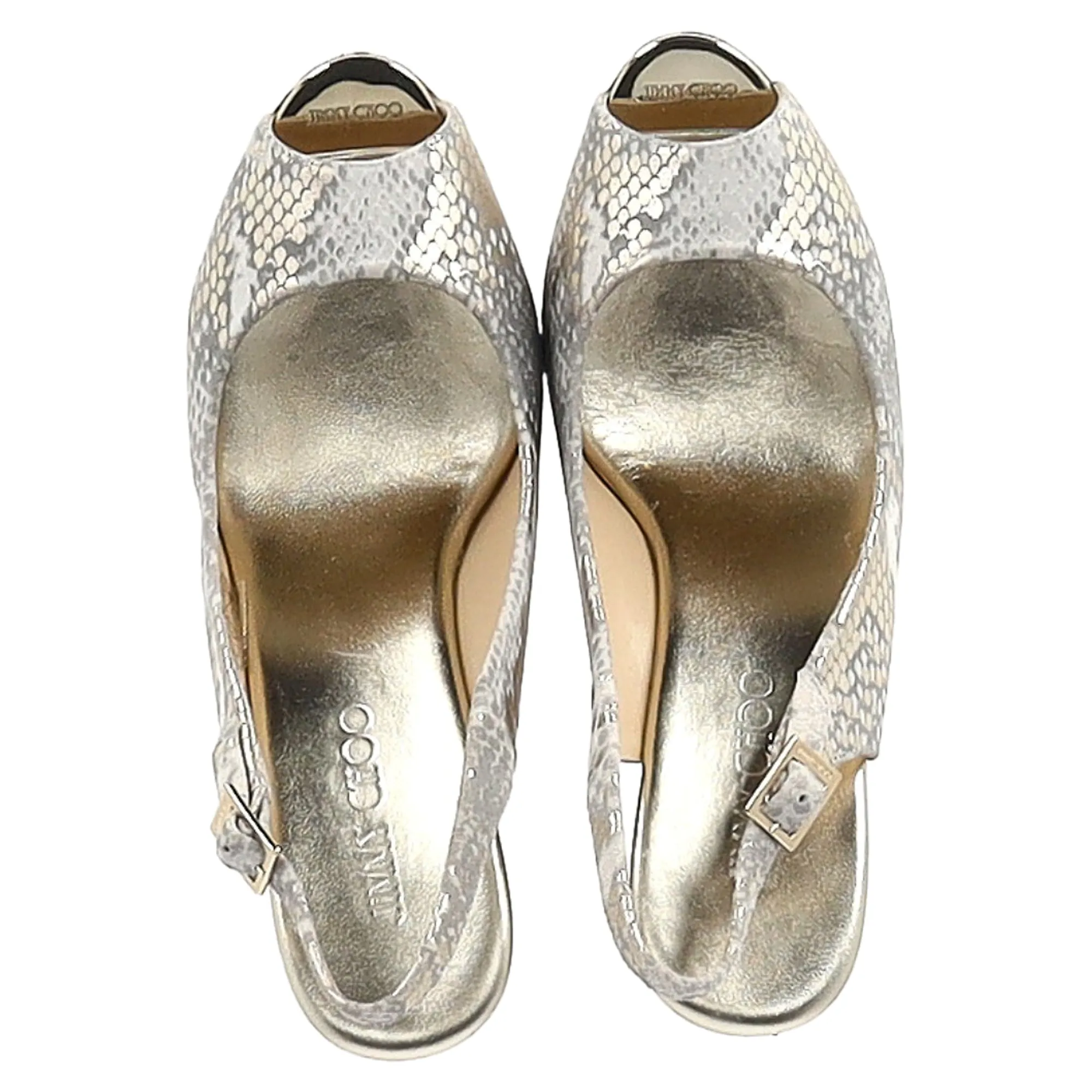 Jimmy Choo Escarpins à bouts ouverts en métal champagne et imprimé serpent
