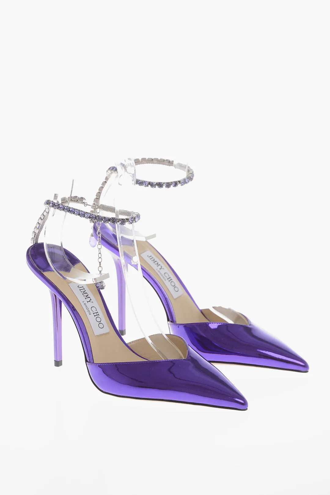 Jimmy Choo Escarpins Saeda à Bride en Cuir Verni Lamé avec Détails Bijoutés Taille 10C_Jimmy-Choo