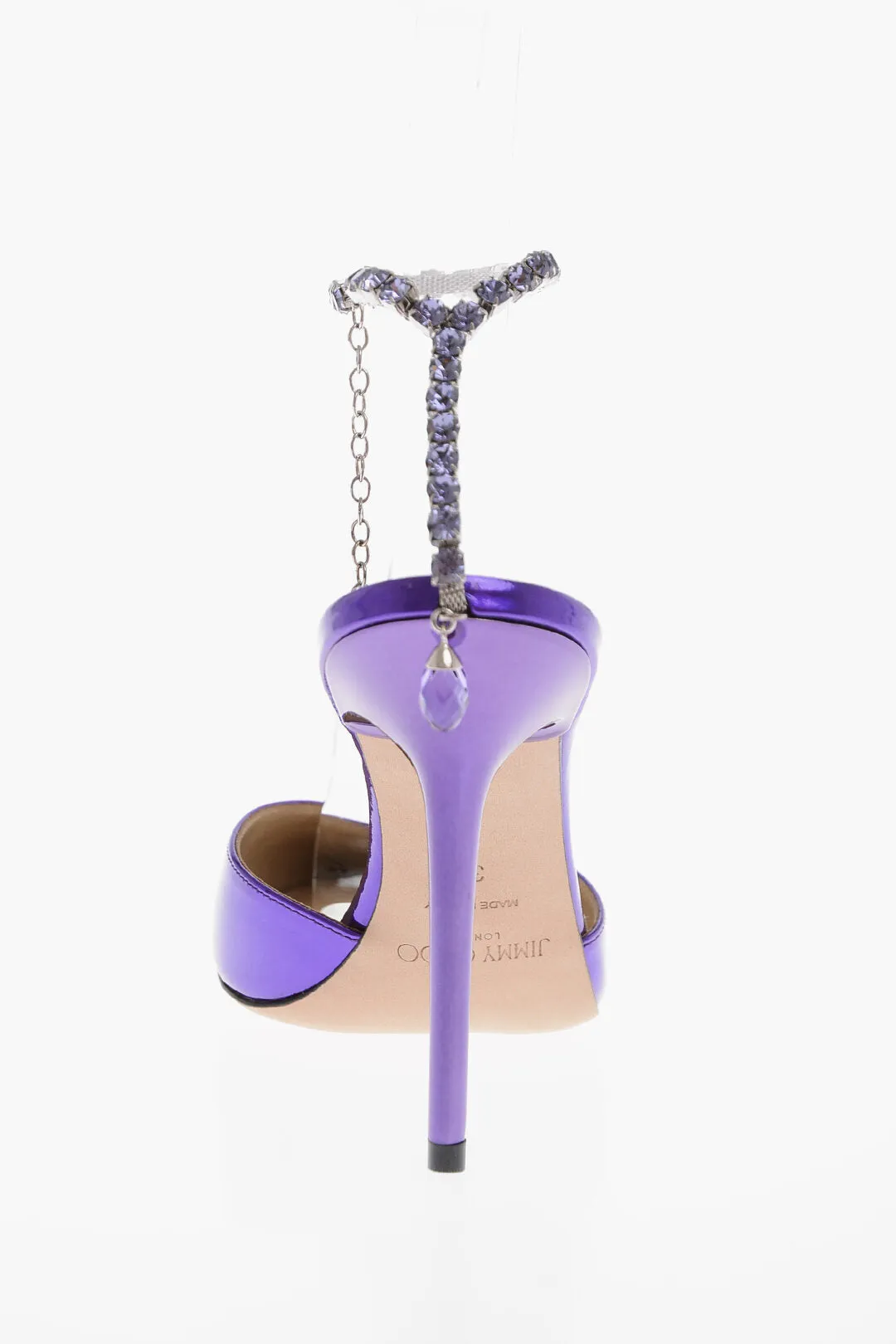 Jimmy Choo Escarpins Saeda à Bride en Cuir Verni Lamé avec Détails Bijoutés Taille 10C_Jimmy-Choo