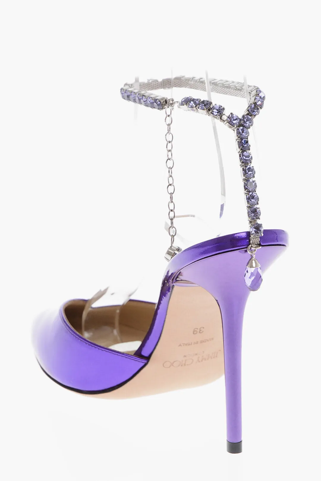 Jimmy Choo Escarpins Saeda à Bride en Cuir Verni Lamé avec Détails Bijoutés Taille 10C_Jimmy-Choo