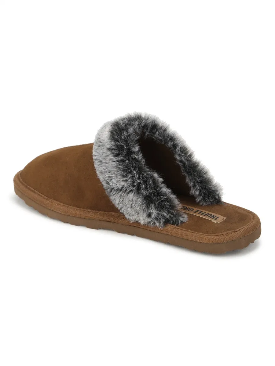 Chaussons Micro Duveteux Tan avec Fausse Fourrure