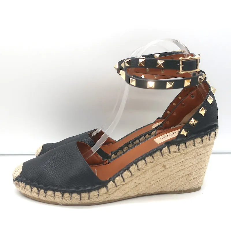 Escarpins Valentino Rockstud à semelle compensée espadrille en cuir grainé noir taille 41