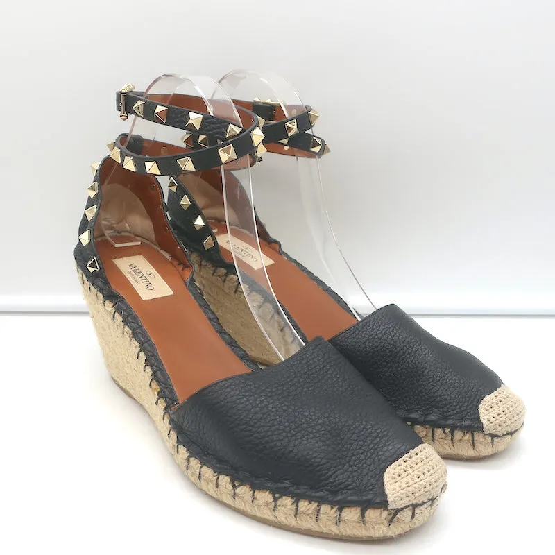 Escarpins Valentino Rockstud à semelle compensée espadrille en cuir grainé noir taille 41