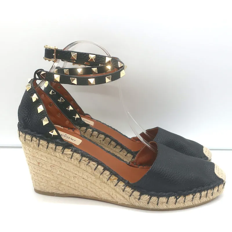 Escarpins Valentino Rockstud à semelle compensée espadrille en cuir grainé noir taille 41