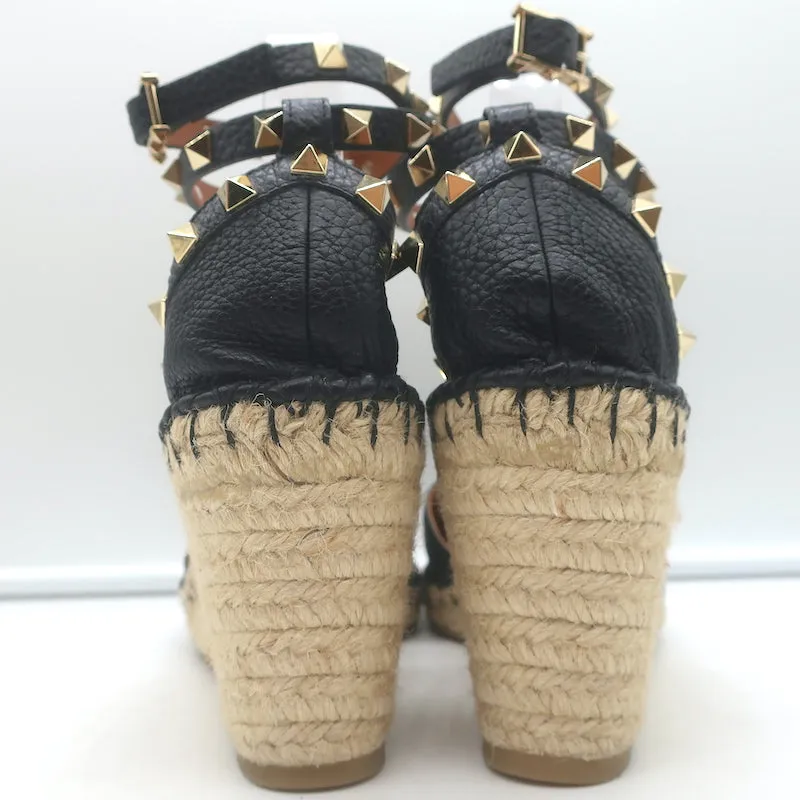 Escarpins Valentino Rockstud à semelle compensée espadrille en cuir grainé noir taille 41