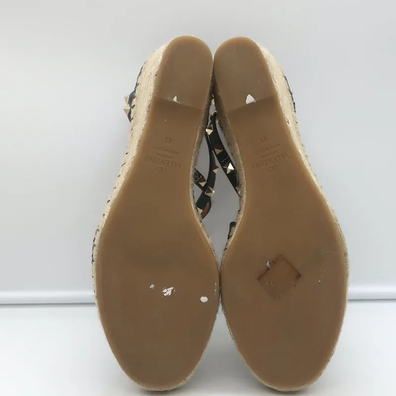 Escarpins Valentino Rockstud à semelle compensée espadrille en cuir grainé noir taille 41