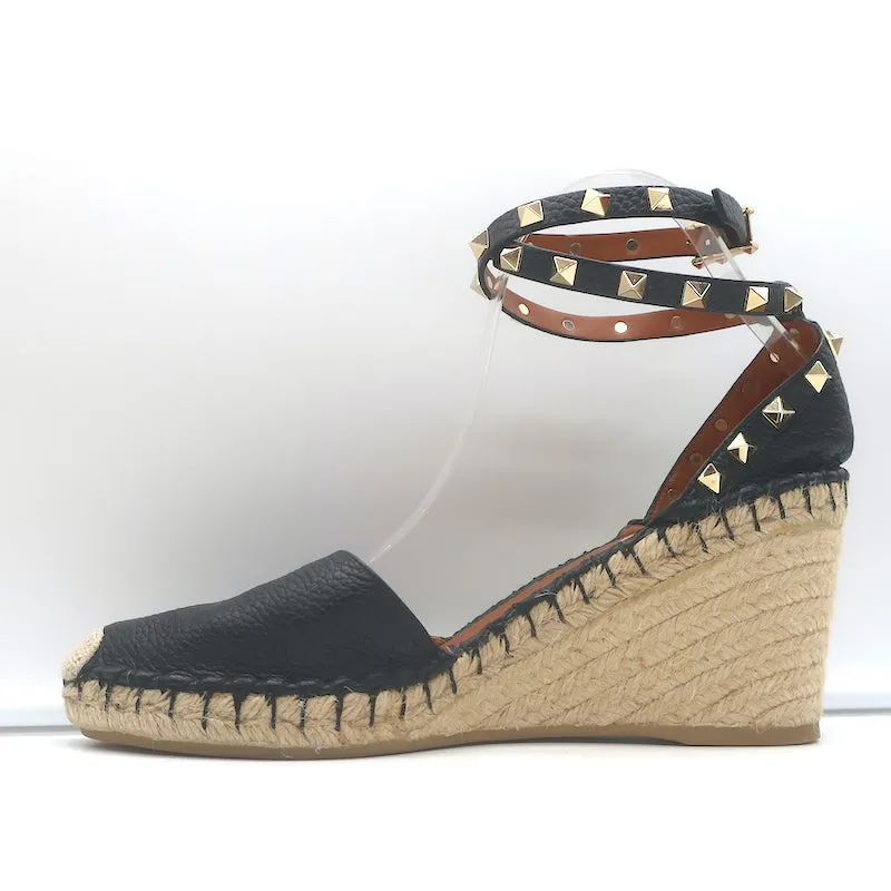 Escarpins Valentino Rockstud à semelle compensée espadrille en cuir grainé noir taille 41