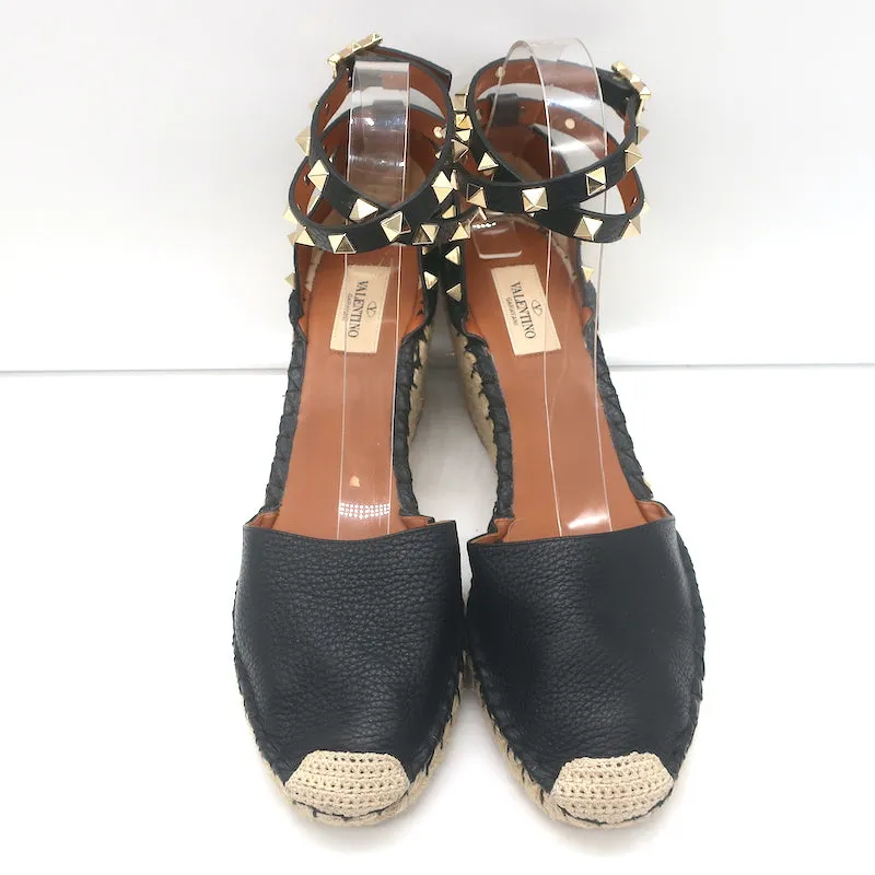 Escarpins Valentino Rockstud à semelle compensée espadrille en cuir grainé noir taille 41
